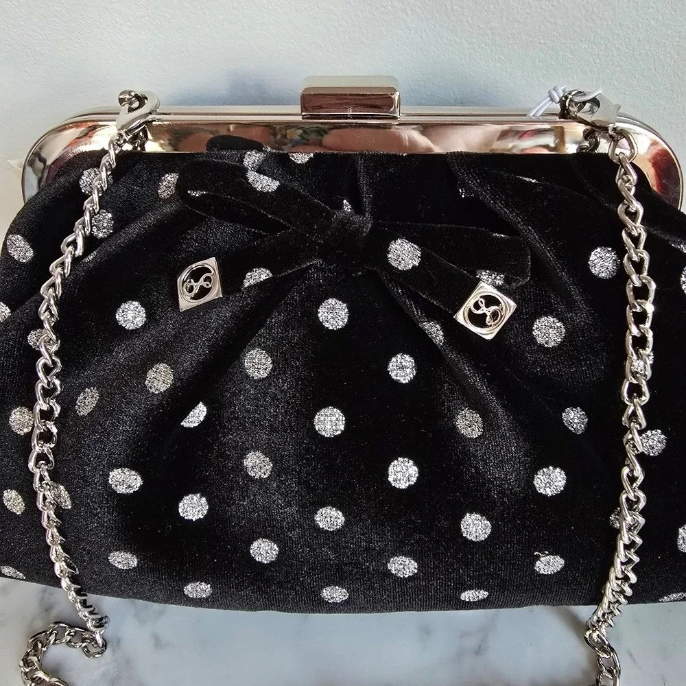 Sam & Libby New Brandi Velvet Black Polka Dot Bow Hobo Chain Crossbody Clutch